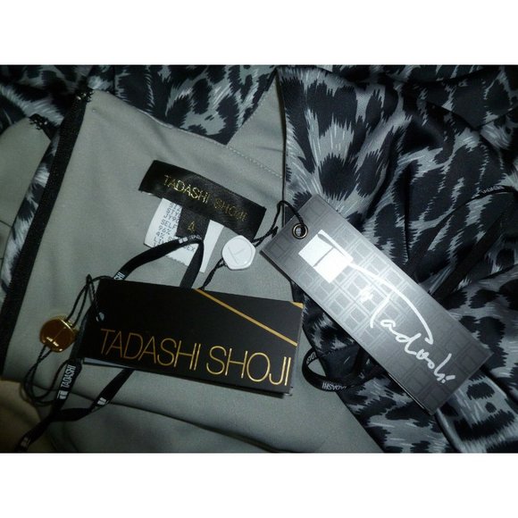Tadashi Shoji NWT Leopard Ruched Sheath Dress Grey Black Animal Print Drape 4 - Picture 3 of 3